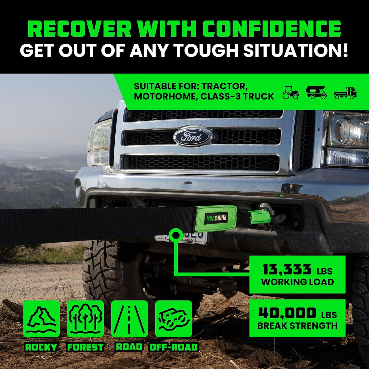 Rhino USA Recovery Tow Strap (3" x 20') - 31,518lb Break Strength - Emergency Recovery Strap Tow Rope for Truck, UTV, ATV & More - Heavy Duty Towing Strap for Offroad 4x4 Use - Compatible with Jeep