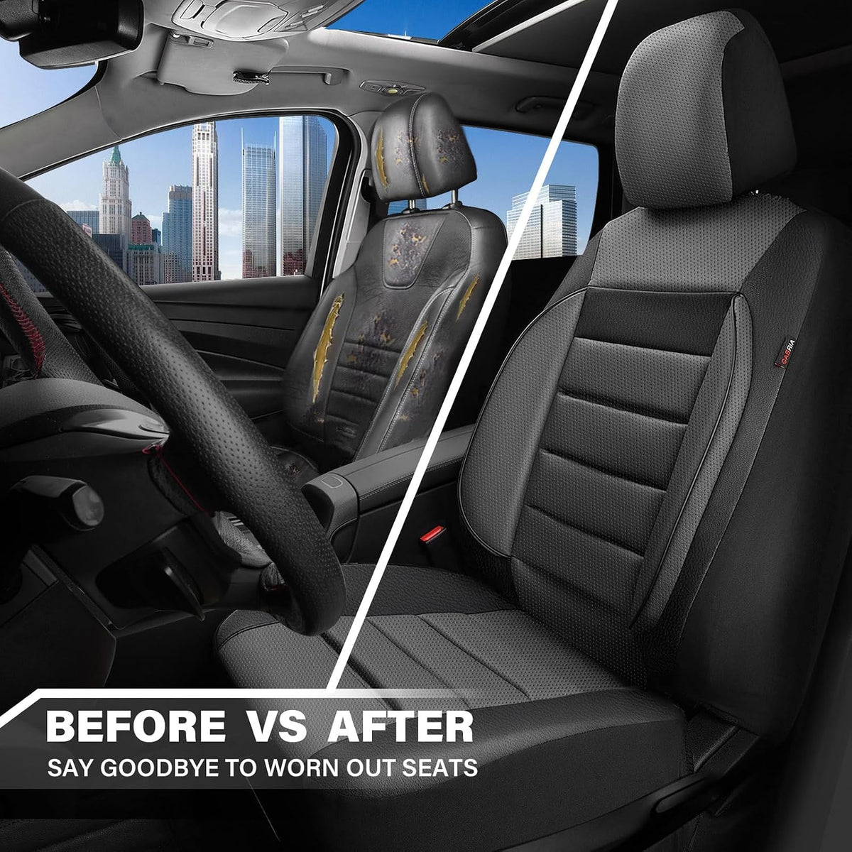CAR PASS Leather Seat Covers Full Set Universal Water Resistant 3D Foam Back Support, Luxury Comfort Automotive 5 Seat Covers All Season Fit for SUV,Sedan,Van, Airbag Compatible Elegance(Pure Black)