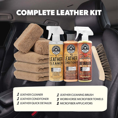 Chemical Guys Leather Cleaner and Conditioner Detailing Kit - Leather Care Kit For Natural, Synthetic, Faux, Pleather, and More for Car Interiors, Apparel, Furniture, Boots & Accessories - 9 Items
