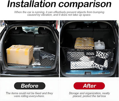 Osilly Car Rear Cargo Net, Double-Layer Adjustable Stretchable Elastic Storage Organizer Net, Trunk Cargo Storage Mesh Net with Hooks, Car Interior Accessories Fit for Vehicle, Trucks, SUV (Large)