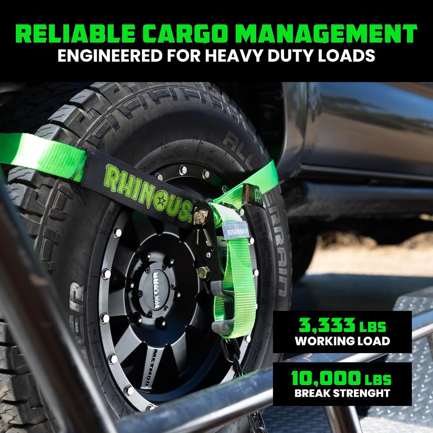 Rhino USA Car Tie Down Straps with J Hooks – 4 Pack 2" x8' – 10,000lbs Break Strength – Heavy Duty T-Handle Car Hauler Tire Lasso Wheel Straps for Trailers, UTV & Powersports – Black