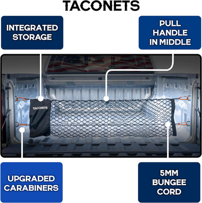 TacoNets Envelope Cargo Net for GMC Sierra & Chevy Silverado - Fits 2013-Current - Upgraded 5mm Bungee - Integrated Storage Bag - Heavy Duty Carabiners - Designed in USA