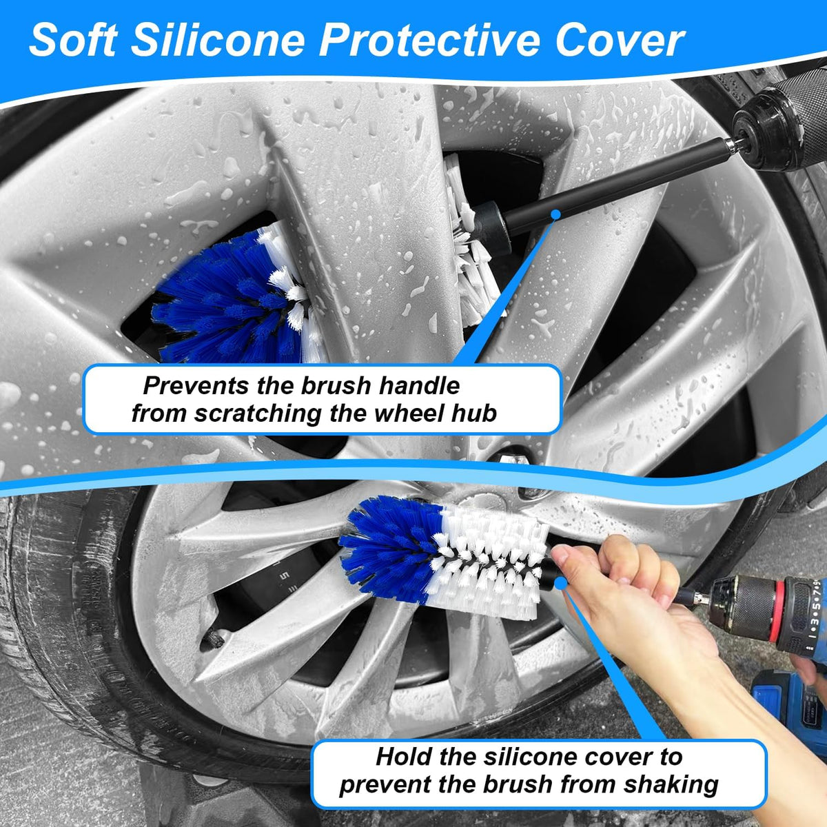 Wheel Brush Kit, Soft Drill Wheel Cleaner Brush, No Scratches Highly Dense Car Cleaning Brush Set for Wheels, Rims, Engines, Exhaust(Red/Black,2Pcs)