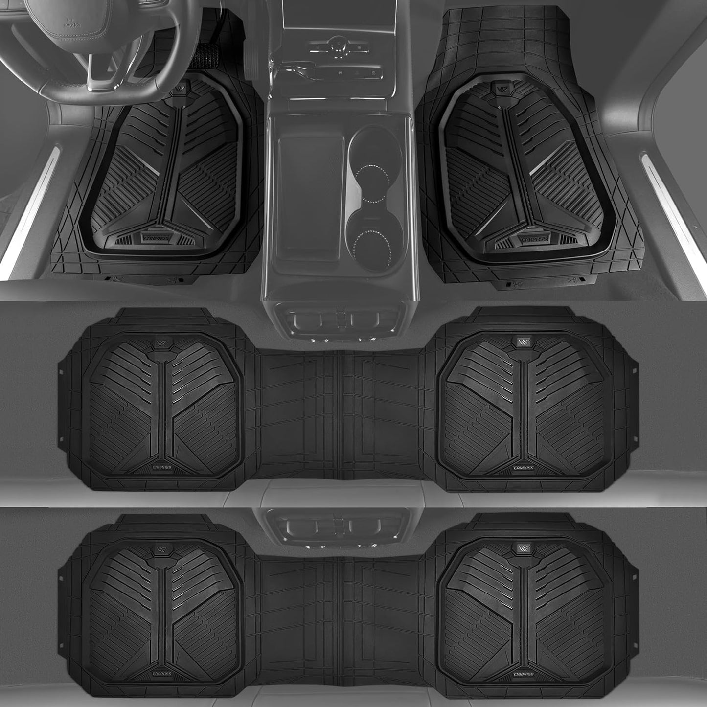 CAR PASS Heavy Duty Rubber Car Mats with Cargo Liner, Deep-Dish Car Floor Mats and Trunk Mat All Weather, Universal Trim-to-Fit for SUVs Trucks Sedans, Waterproof Anti-Slip, Trimmable V12 Black