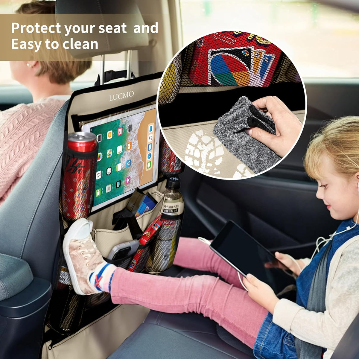 LUCMO Car Backseat Organizer with Tablet Holder,6 Storage Pockets Car Storage Organizer with Foldable Food Tray,Protectors Kick Mats Travel Accessories-Black