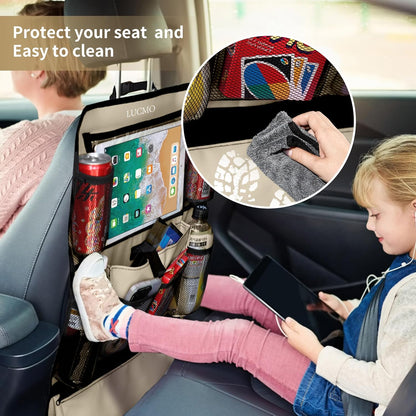 LUCMO Car Backseat Organizer with Tablet Holder,6 Storage Pockets Car Storage Organizer with Foldable Food Tray,Protectors Kick Mats Travel Accessories-Black