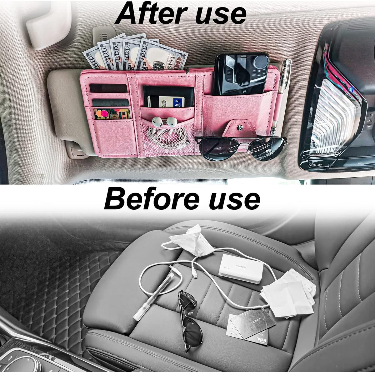 Keedolla Car Sun Visor Organizer, Truck Visor Organizer Car Sun Storage Pocket Pouch Case Bag for Sunglasses, Cards, Pens and Document - Pink