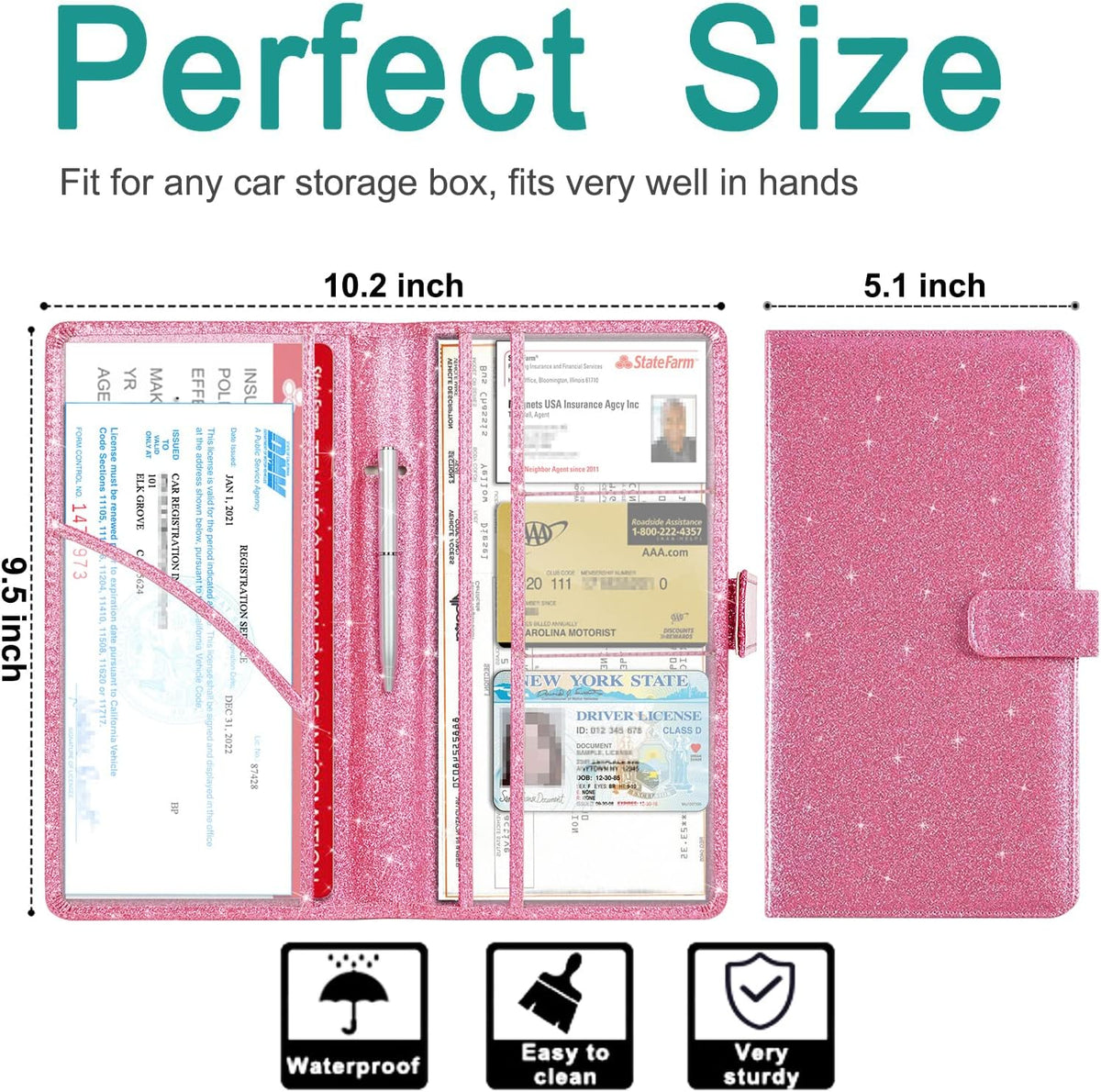 RSAquar Car Registration and Insurance Holder, Vehicle Glove Box Organizer Cool Car Accessories, Auto Truck Document Holder for Cards, Driver License, Black Glitter