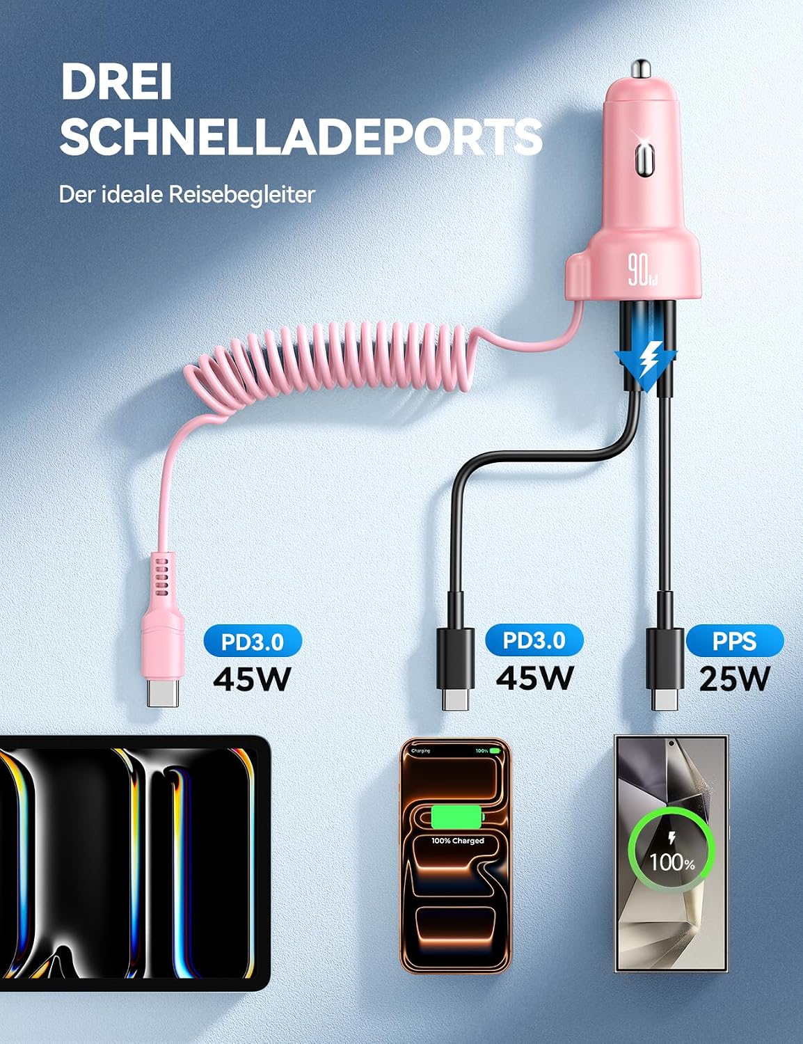 USB C 90W Car Charger for iPhone 17/16 Pro Max, PD & QC3.0 w/5 ft 45W Type Coiled Cable, Fast Car Phone Charger Adapter for iPhone 17Air/15 Pro, Samsung Galaxy S26/S25/S24, Pixel 10/LG/Android, iPad