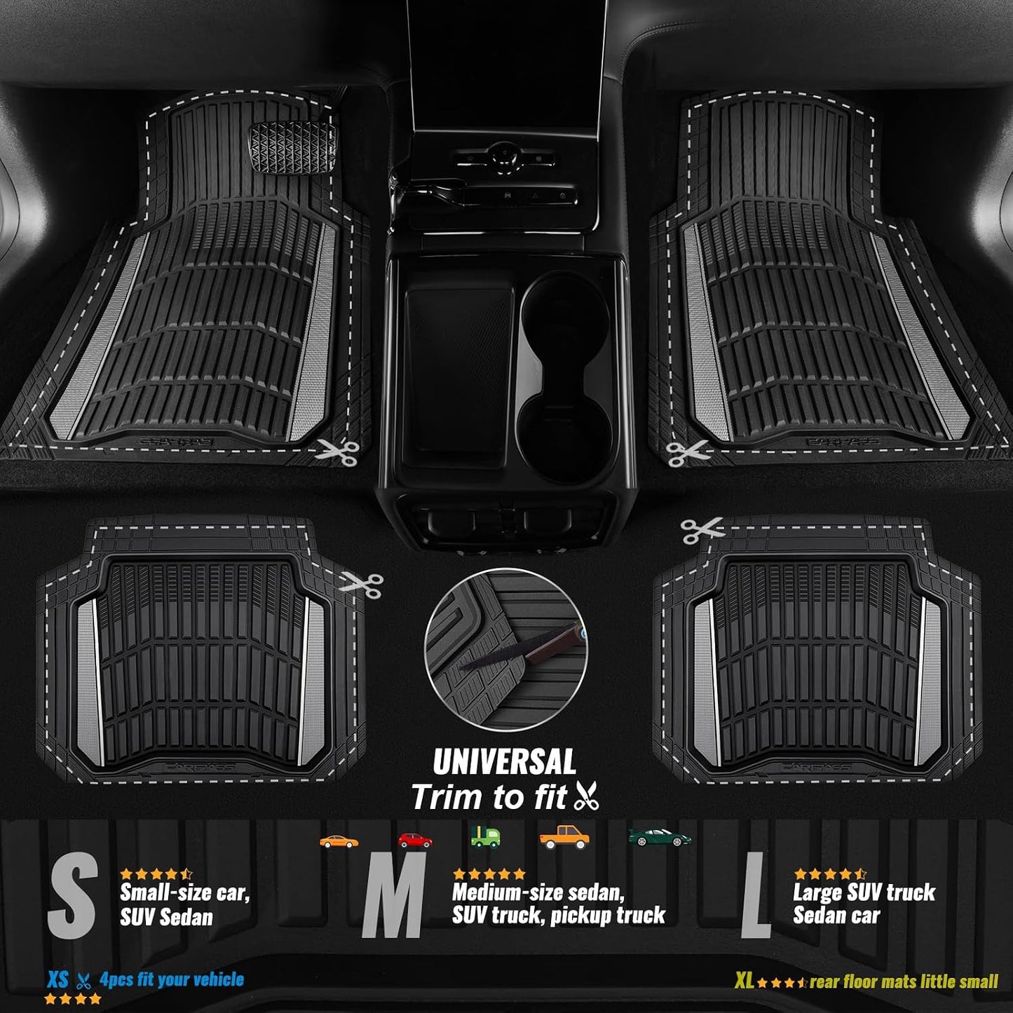 CAR PASS Heavy Duty Rubber Car Floor Mats, Deep Waterproof Car Floor Mats All Weather, Aluminum Film Floor Mats for Cars Non-Slip Universal Trim to Fit for SUVs Trucks Sedans Vans, Black Grey Metallic