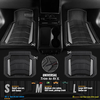 CAR PASS Heavy Duty Rubber Car Floor Mats, Deep Waterproof Car Floor Mats All Weather, Aluminum Film Floor Mats for Cars Non-Slip Universal Trim to Fit for SUVs Trucks Sedans Vans, Black Grey Metallic