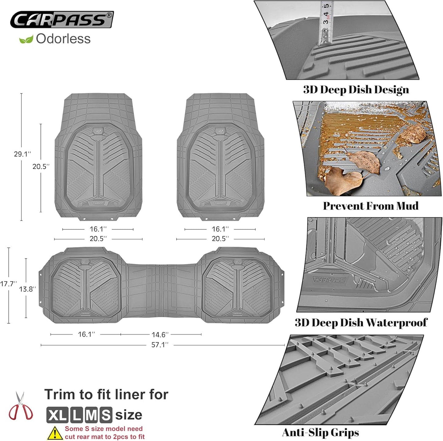 CAR PASS Heavy Duty Rubber Car Mats with Cargo Liner, Deep-Dish Car Floor Mats and Trunk Mat All Weather, Universal Trim-to-Fit for SUVs Trucks Sedans, Waterproof Anti-Slip, Trimmable V12 Black