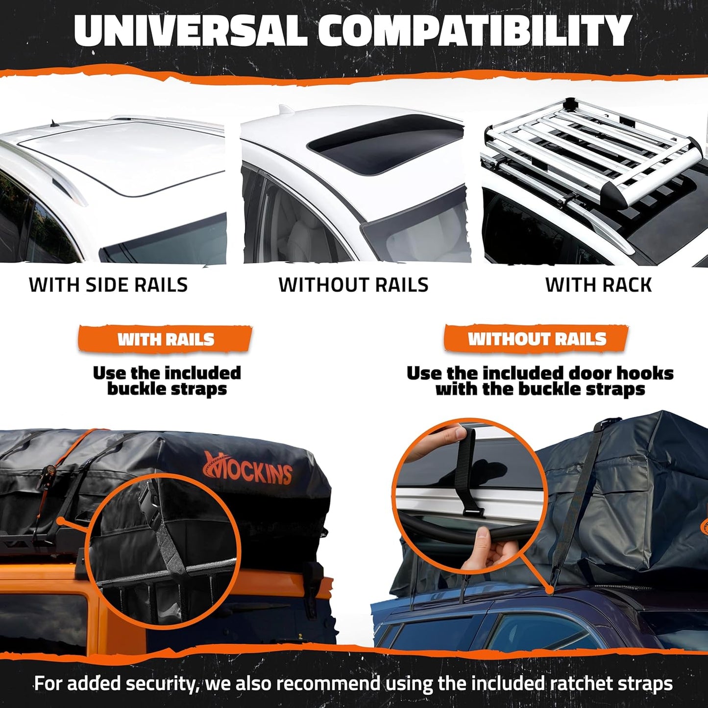 Mockins 35 Cu Ft Black Rooftop Cargo Carrier Bag 60"x42"x24" w/Accessories | Roof Bag Cargo Carrier for Top of Vehicle | Vehicle Soft-Shell Carriers for Car Roof Storage | Use with or w/o Roof Rack