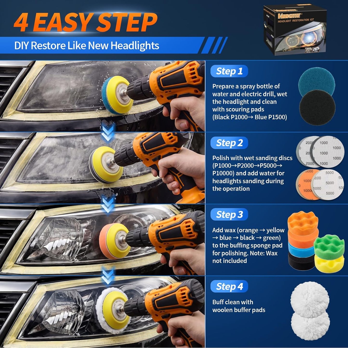 Car Headlight Restoration Kit, 3 Inch Car Polishing Sanding Discs with 1/4 Inch Shank Backing, Scouring Pads, Buffing Sponge, Soft Interface, Woolen Buffer, 41PCS