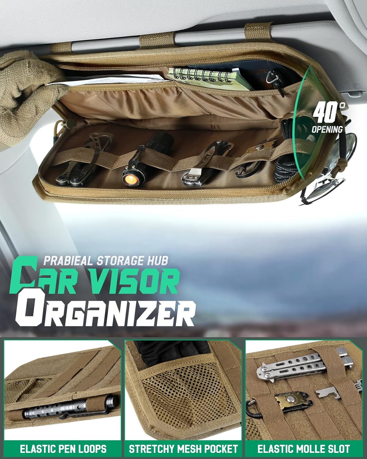 LIVANS Tactical Car Sun Visor Organizer, Auto Accessories Semi-Rigid Molle Panel with Zipper Storage Pouch & Glasses Holder, Gift for Car Gear, Fit Cars, Trucks, Suvs, Jeeps & Patrols (Gray)