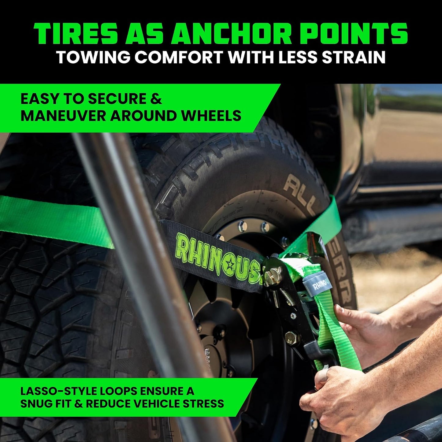 Rhino USA Car Tie Down Straps with J Hooks – 4 Pack 2" x8' – 10,000lbs Break Strength – Heavy Duty T-Handle Car Hauler Tire Lasso Wheel Straps for Trailers, UTV & Powersports – Black