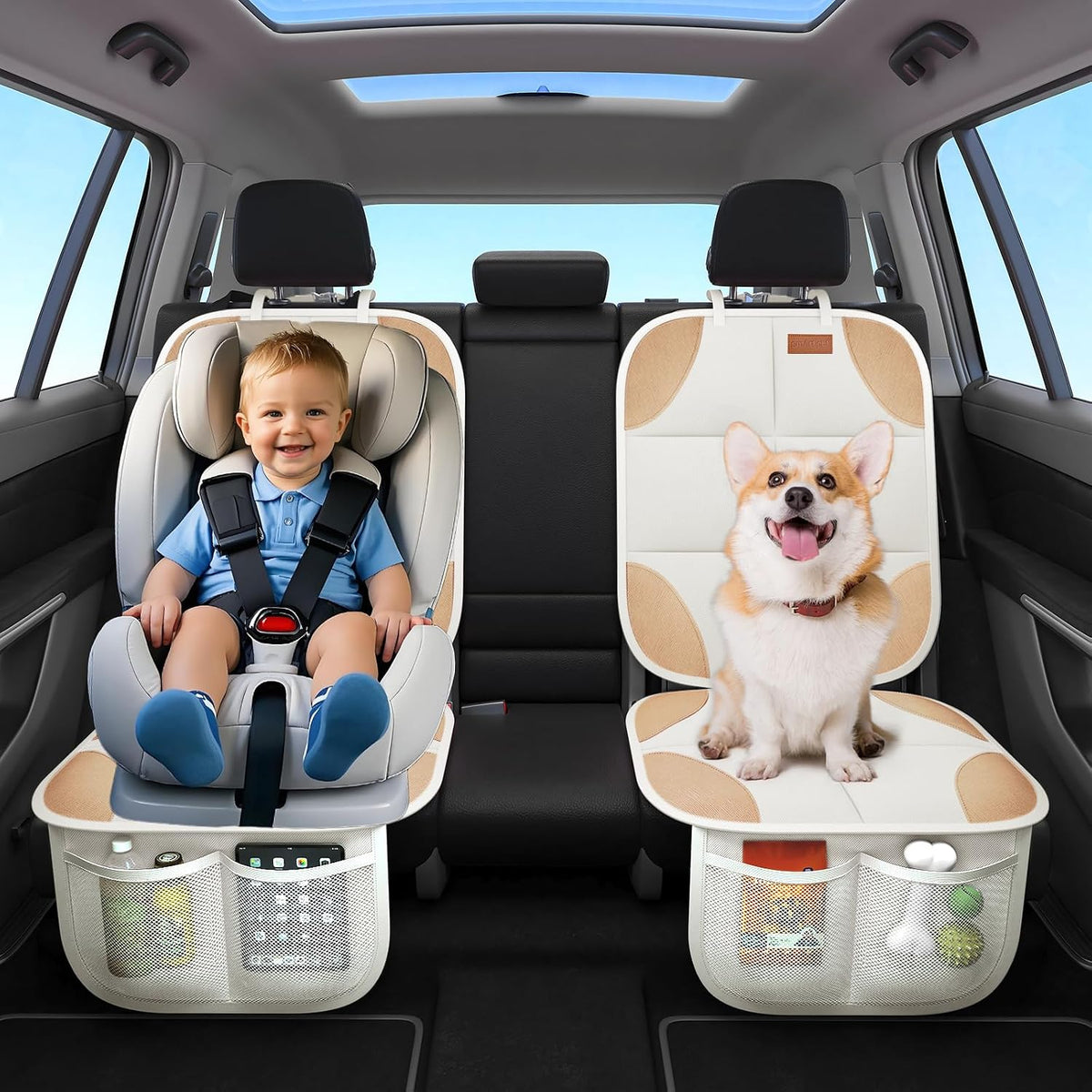 SMART ELF Car Seat Protector, 2Pack Seat Protector Protect Child Seats with Thickest Padding and Non-Slip Backing Mesh Pockets for Baby and Pet,Sedan SUV Truck (Black)