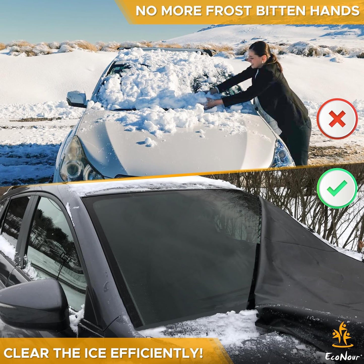 EcoNour Windshield Cover for Ice and Snow - Universal Fit for Car, SUV, Truck, Heavy Duty 600D Oxford Fabric Frost Protector for Ice & Sleet, Includes Anti-Theft Straps, Medium (69"x42")