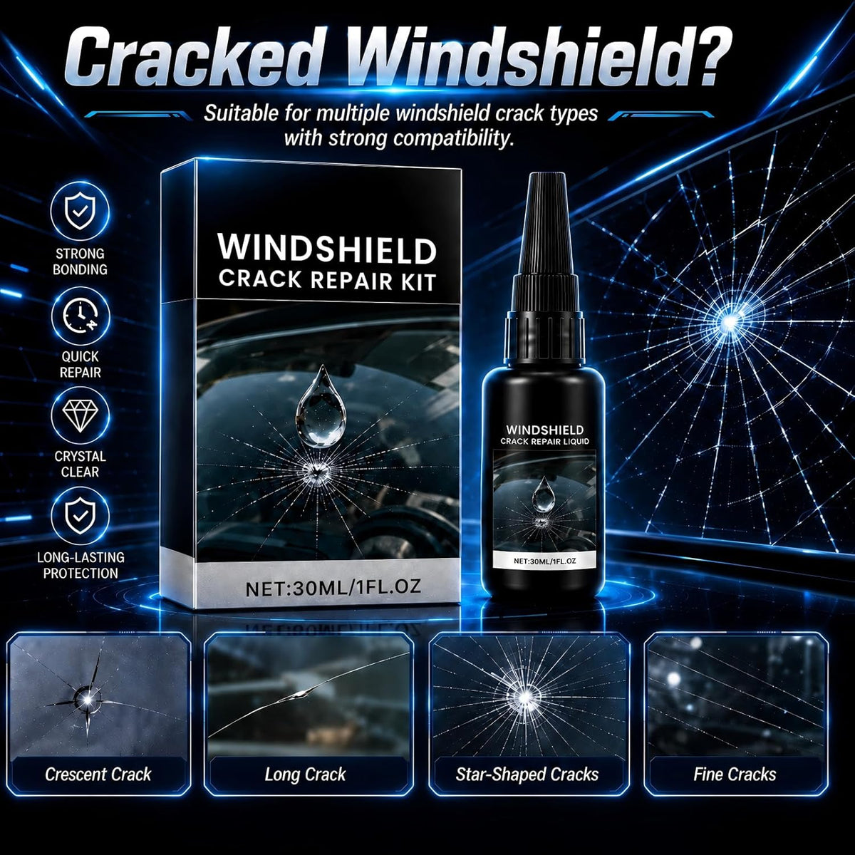Windshield Crack Repair Kit, 2026 New Upgrate Windshield Repair Kit for Chips and Cracks with 30ml Glass Repair Liquid 1 Towel 1 Blade 5 Curing Films, Cracks Gone Glass Repair Kit (1 Black)