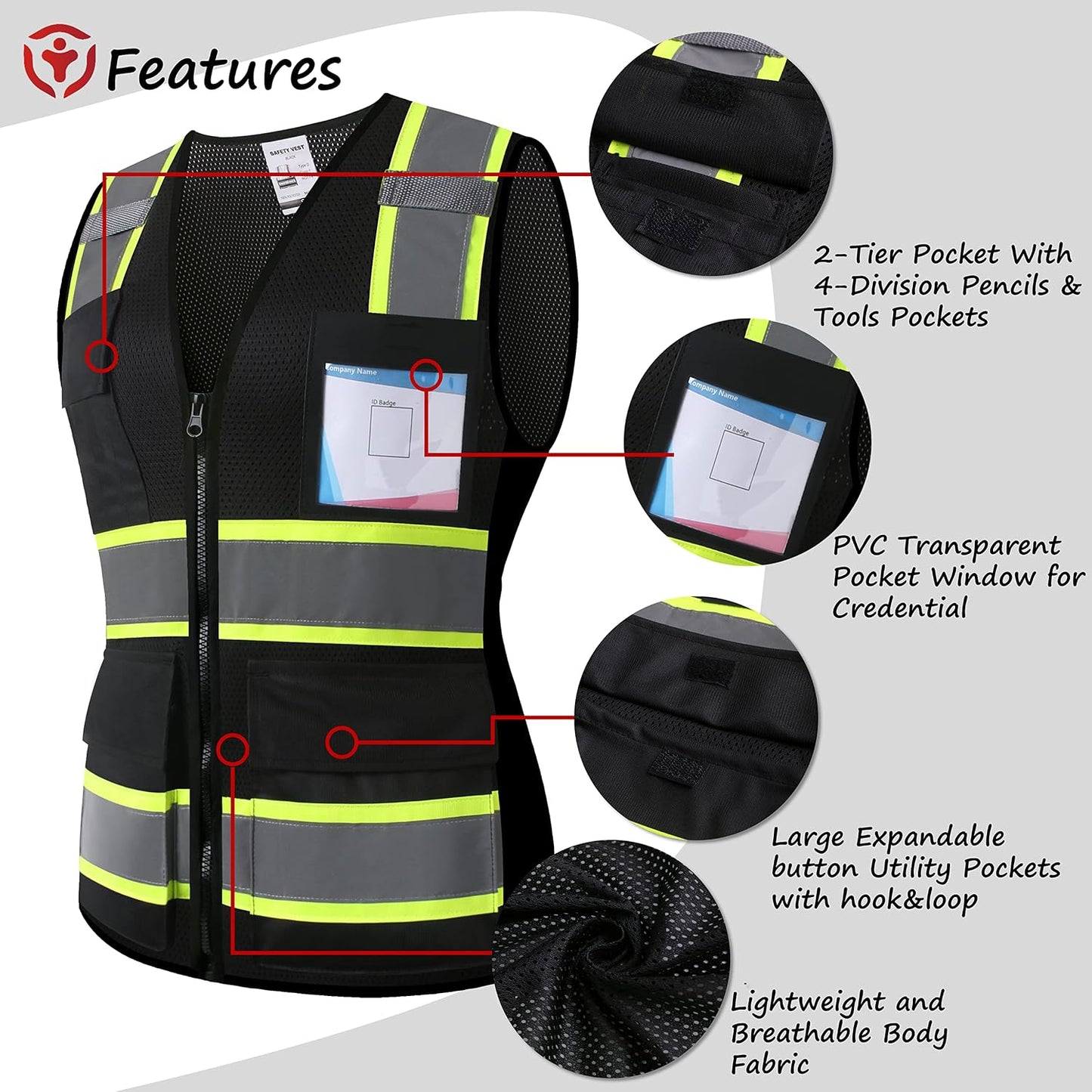 Reflective High Visibility Safety Vest for Men Women with Pockets Zipper Front Meets ANSI/ISEA Standards