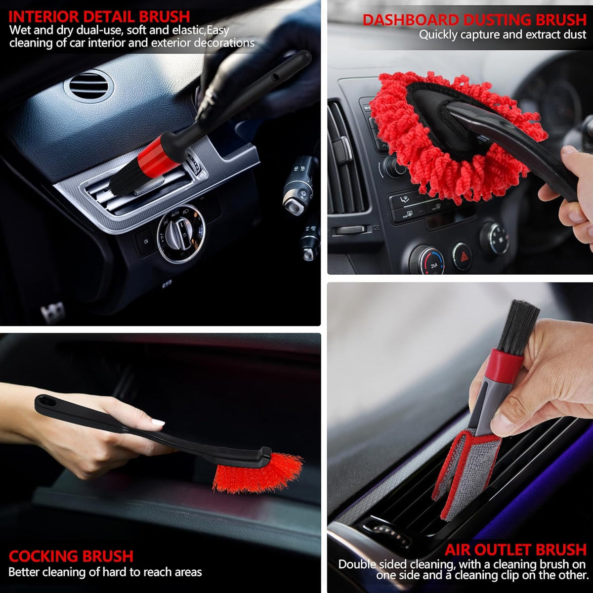 32Pcs Red Car Detailing Kit – Brush Set & Cleaning Kit with Drill Brush, Polishing/Waxing Pads, Interior/Exterior Tools for Wheels & Windshield – Portable Handbag