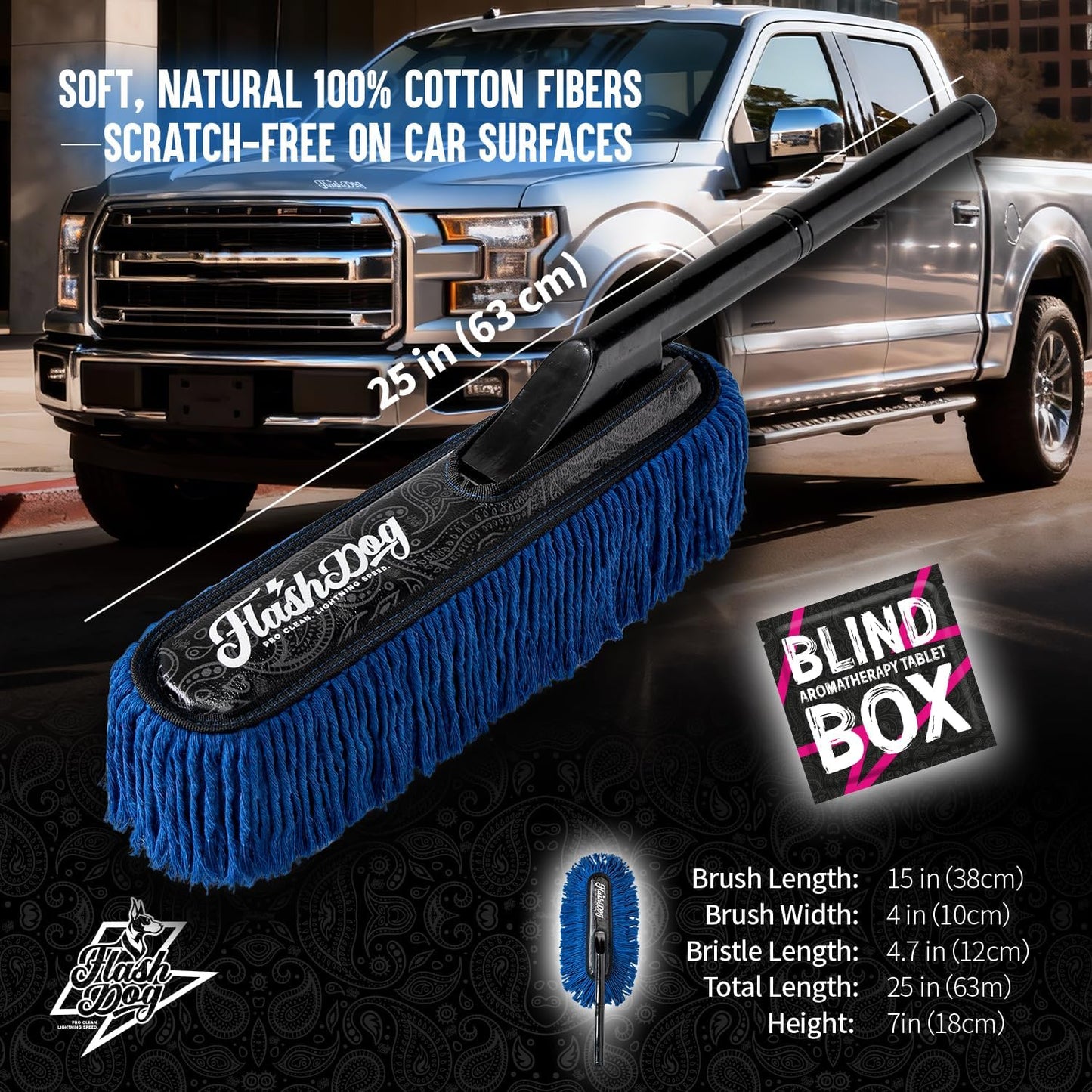 Flash Dog Car Duster Exterior & Interior Duster Aluminum Alloy Extendable Handle and Wax Cotton Strands Scratch-Free Cleaning for Cars, SUVs, RVs | Waterless Dust & Pollen Remover