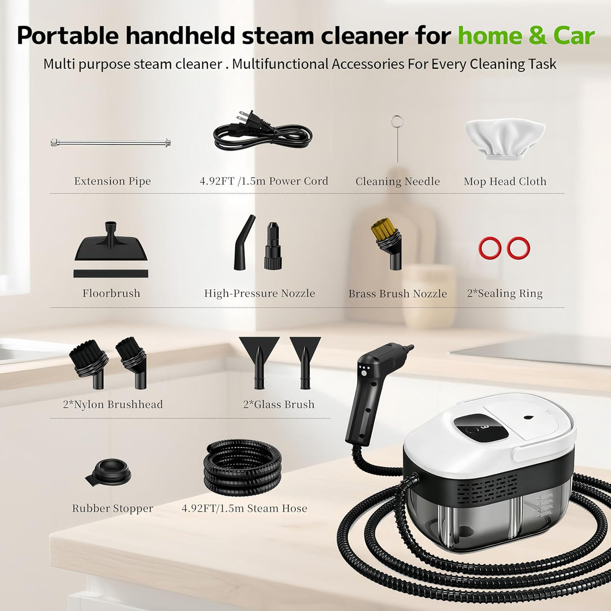 Pressurized Handheld Steam Cleaner 2500W, 54oz Large-Capacity Steamer with 3-Level Adjustable Steam, 15s Heat-Up & 15Pcs Accessories – for Car, Tile, Grout, Couch, Floor, Bed, Dirt, Furniture