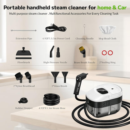 Pressurized Handheld Steam Cleaner 2500W, 54oz Large-Capacity Steamer with 3-Level Adjustable Steam, 15s Heat-Up & 15Pcs Accessories – for Car, Tile, Grout, Couch, Floor, Bed, Dirt, Furniture
