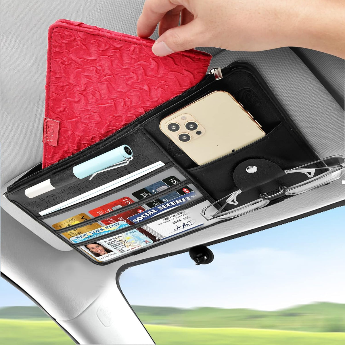Leather Car Sun Visor Organizer for Cars, Trucks & SUVs: Features Sunglasses Holder, Secure Zipper Pockets, and 6 Clear Windows for Registration, Driver's License, and Insurance Card（black）