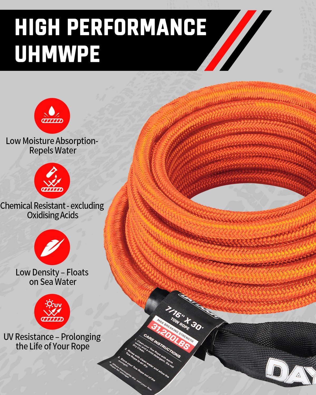 DAYDOOR Recovery Tow Rope Kit with 2 Soft Shackles, 7/16 Inch x 30 ft 31,200 Lbs UHMWPE Tow Strap, Synthetic Towing Rope Recovery Kit for ATV, UTV, SUV, Cars (Gray)
