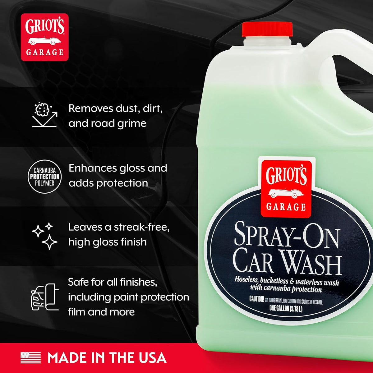 Griot's Garage Spray-On Car Wash for Vehicle Cleaning and Detailing, Rinseless and Waterless, No Hose and Bucket Needed, With Carnauba Wax Protection, 11065, 35oz