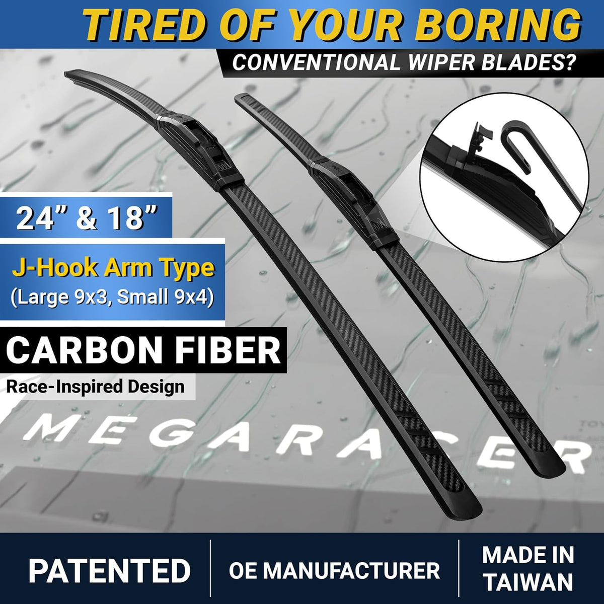 Premium Silicone Carbon Fiber Windshield Wiper Blades 22" & 20" - Patented All-Season, Quiet & Smooth Streak-Free Clean Wipe, OEM Quality, Front Automotive Replacement Wipers for Car & Truck (2 Pack)