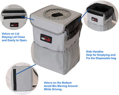 EPAuto Waterproof Car Trash Can with Lid and Storage Pockets, 2.5 Gallon, Black