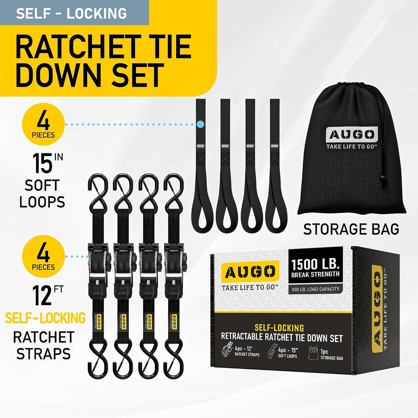 AUGO Ratchet Straps Heavy Duty 4 Pack -15 FT - 2200 LB Break Strength – with Safety Lock S Hooks - Cargo Straps for Moving, Appliances, Motorcycle – Soft Loop Tie Down Straps