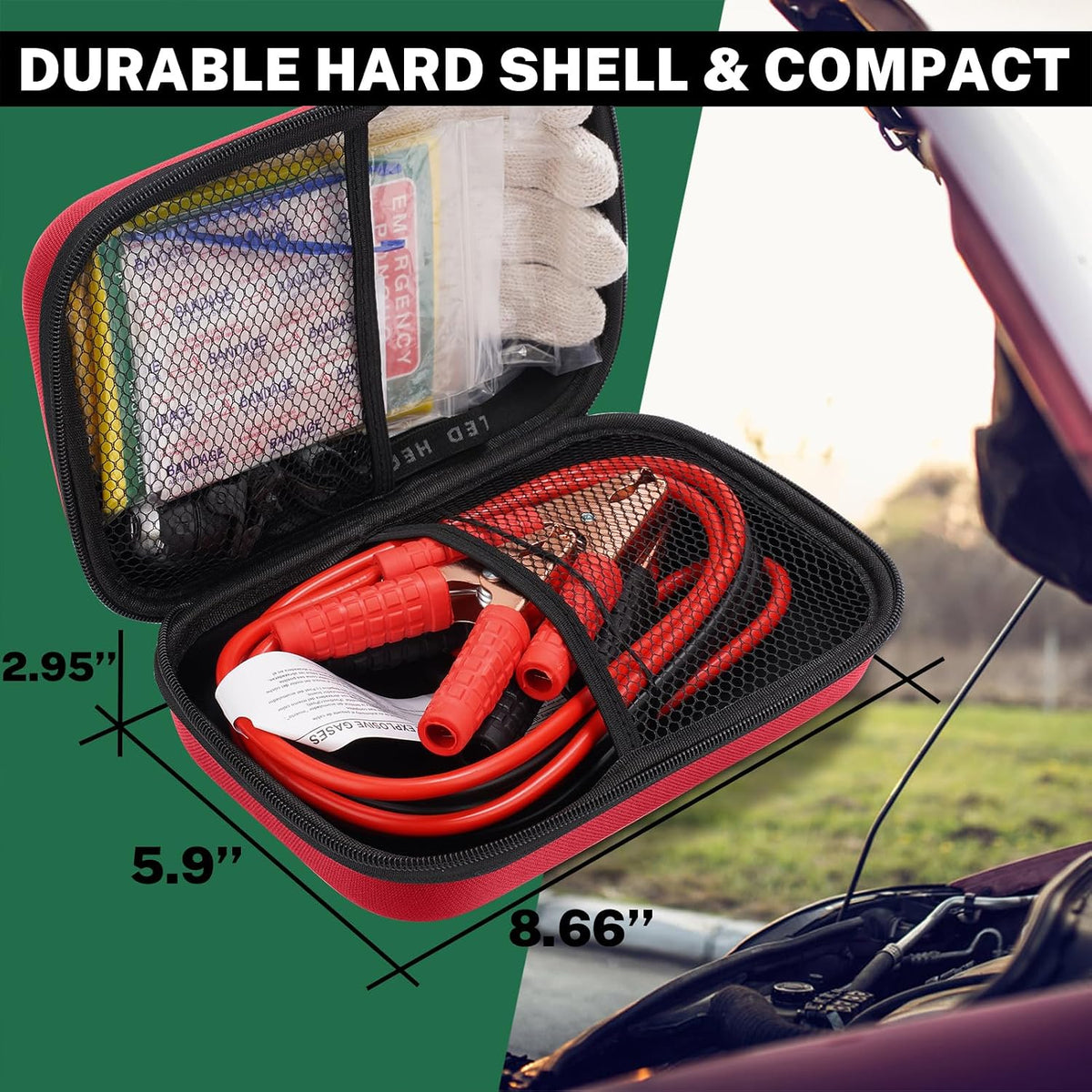 Car Roadside Emergency Kit with Battery Jumper Cables,Car Accessories for Men or Women,Automotive Safety Kit for Car,Vehicle, Truck or SUV,Gifts for Men or Him,Green