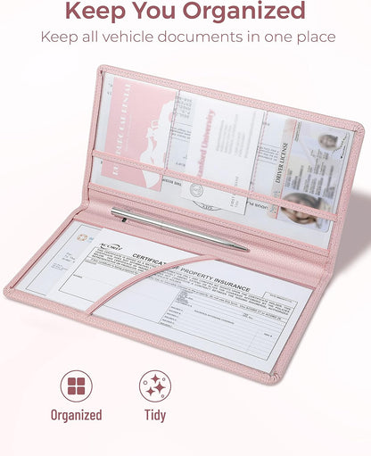 Yarnic Car Registration and Insurance Holder, Pu Leather Car Registration and Insurance Card Holder Car Document Holder for Cards, Essential Document, Driver License (Pink)