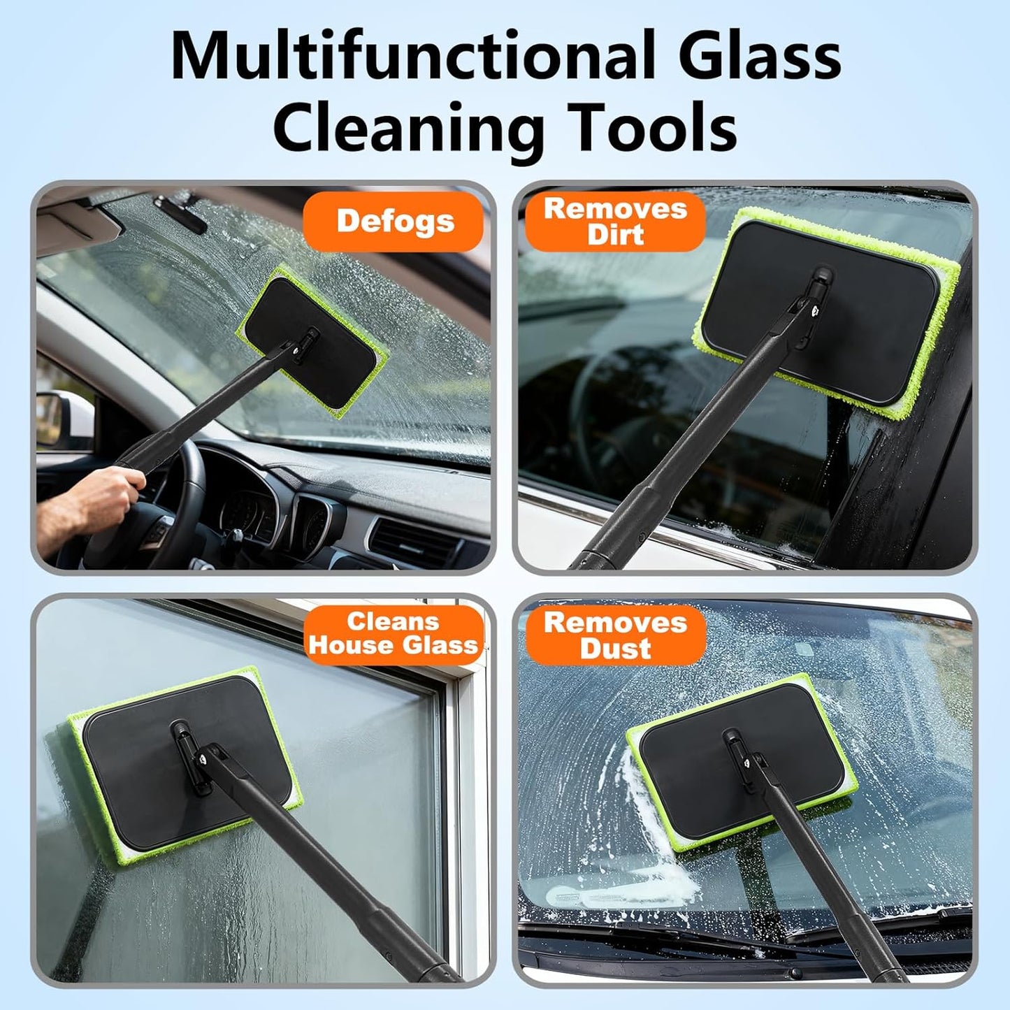 Windshield Cleaner Tool with 6 Reusable Magic Fiber Pads & Spray Bottle, Removable Handle Car Window Wiper Kit for Interior/Exterior Glass, Trucks, SUVs, RV (Dry & Wet Use)