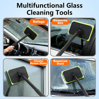 Windshield Cleaner Tool with 6 Reusable Magic Fiber Pads & Spray Bottle, Removable Handle Car Window Wiper Kit for Interior/Exterior Glass, Trucks, SUVs, RV (Dry & Wet Use)