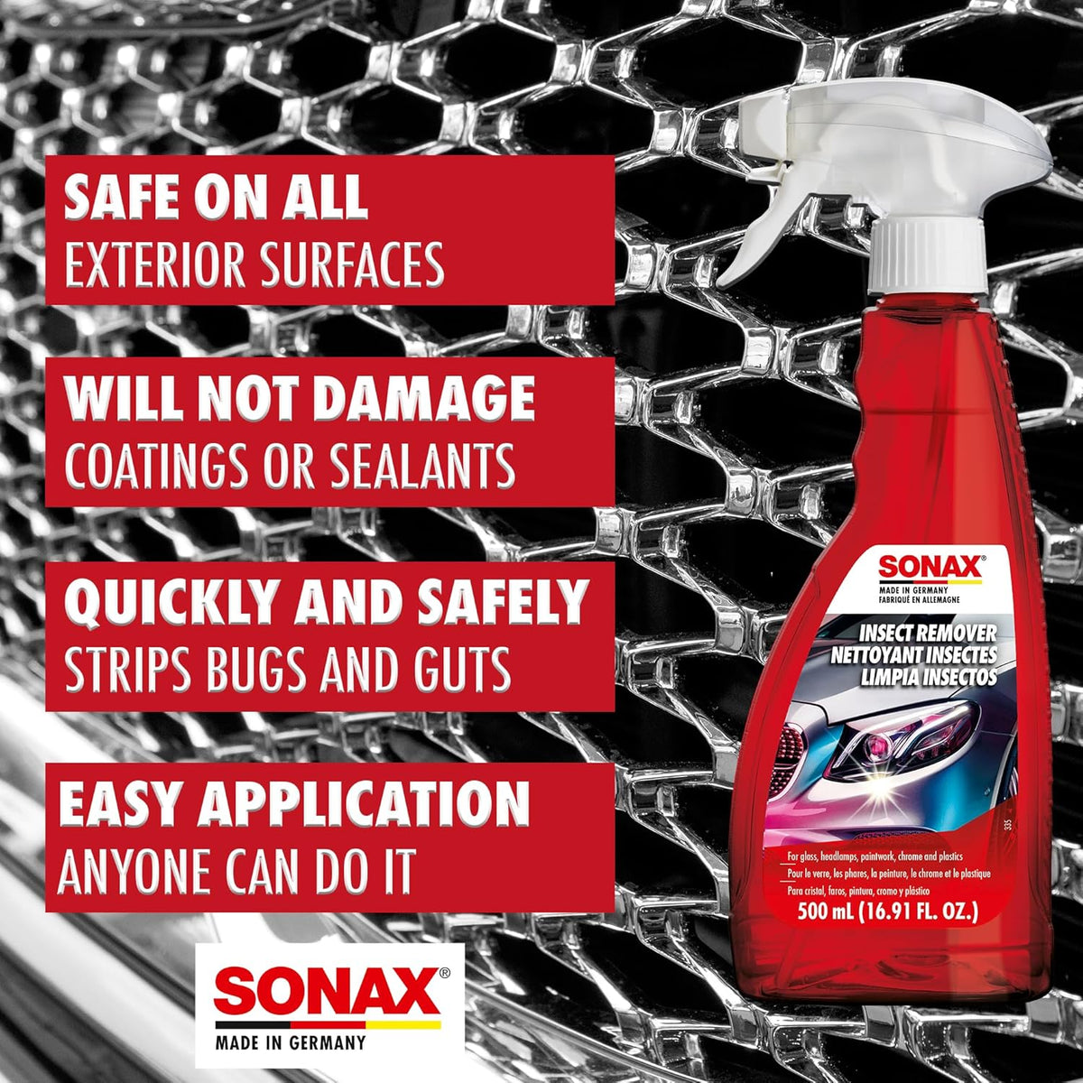 SONAX Insect Remover 533200 | High-Performance Bug Residue Cleaner for Paint, Glass, Chrome & Plastics | Solvent-Free Formula Loosens Tough Insect Deposits | Prevent Clear Coat Damage | | 500ml