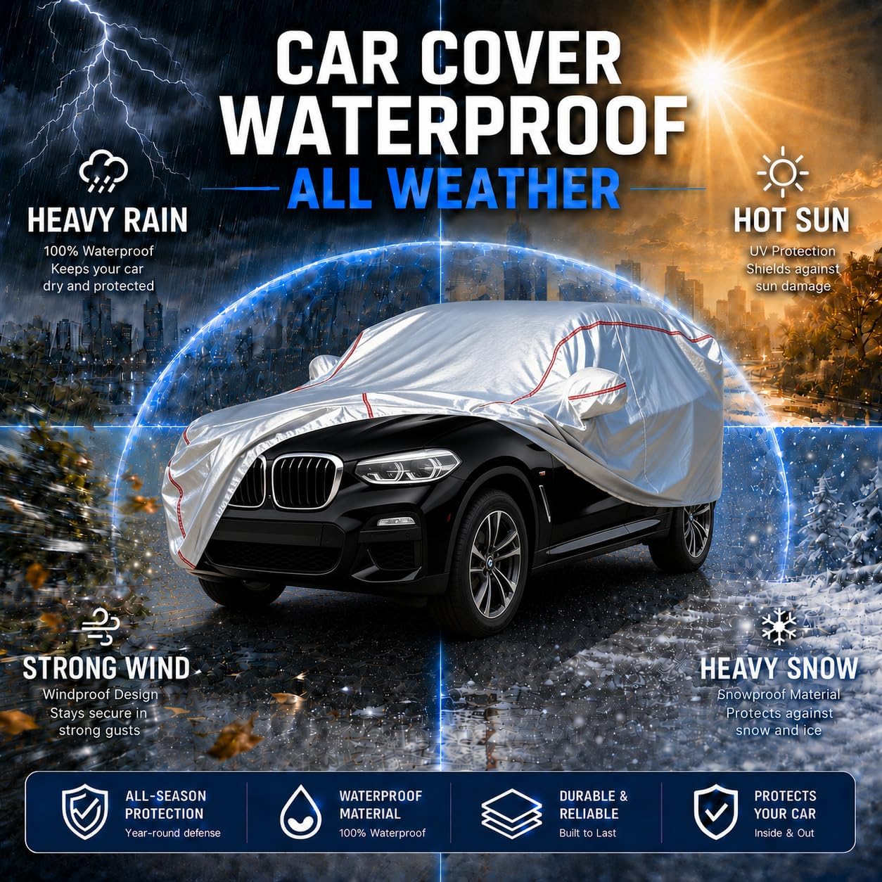 Car Cover for Sedan, Waterproof All Weather Heavy Duty, 360° Underbody Wrap Windproof Design, Quick Install Outdoor Vehicle Cover, Fits 186-193 in