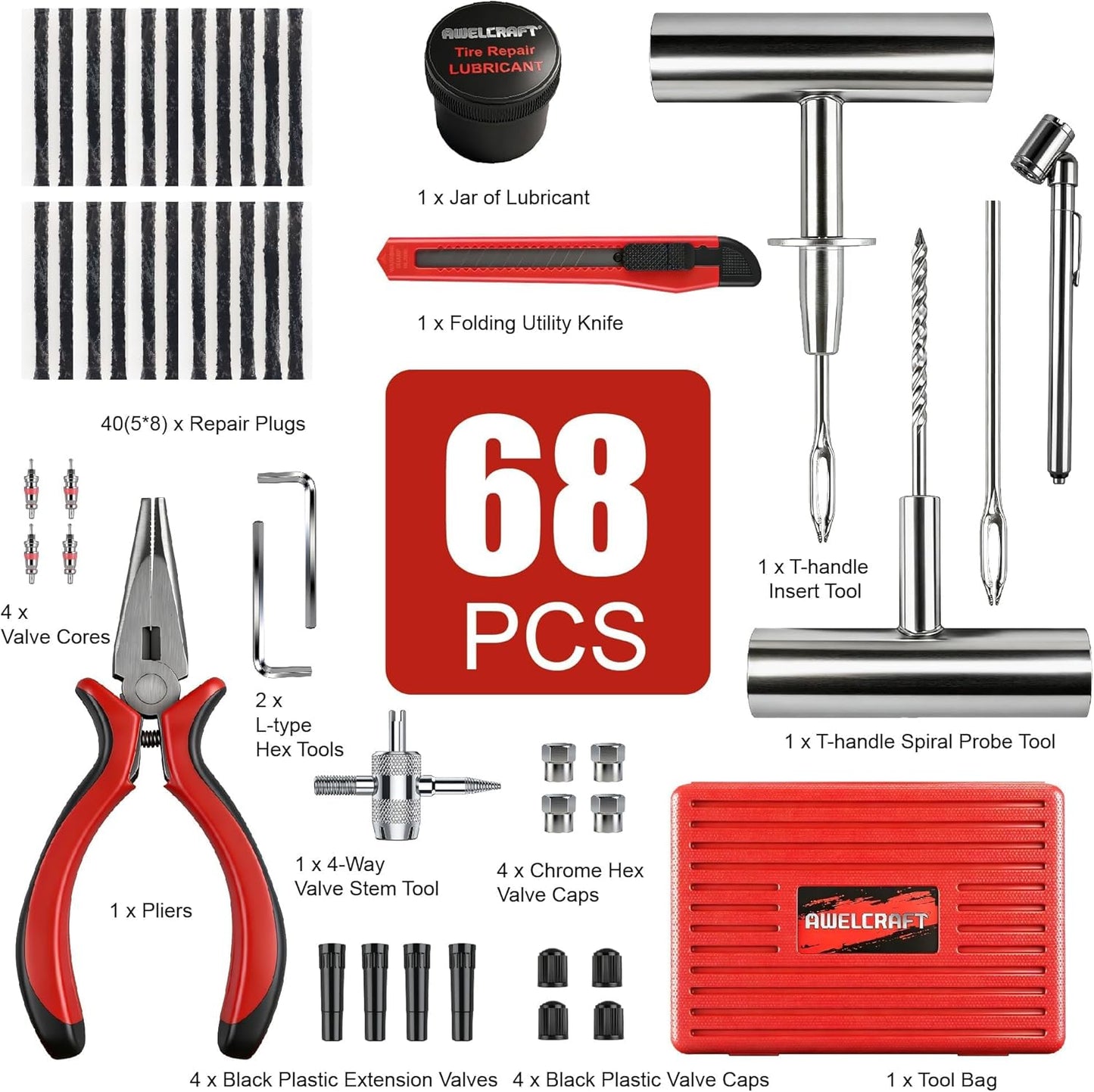 AWELCRAFT 10-Piece Economical Tire Repair Kit – Flat Tire Plug Kit with T-Handle Tools, Storage Case – Fix Punctures Fast, No Tire Removal Needed – Ideal for Car, Truck, Motorcycle, ATV