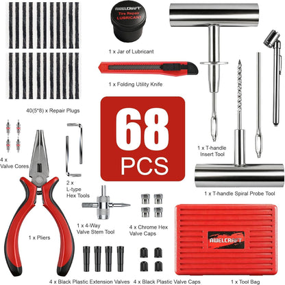 AWELCRAFT 10-Piece Economical Tire Repair Kit – Flat Tire Plug Kit with T-Handle Tools, Storage Case – Fix Punctures Fast, No Tire Removal Needed – Ideal for Car, Truck, Motorcycle, ATV