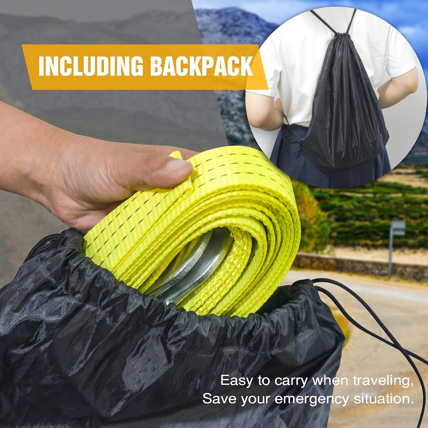 Tow Strap with Hooks 2”x20’ 15,000 LBS, Tow Rope Metal Safety Hooks, Car Heavy Duty Recovery Rope for Trailers, Securing Items, and Farm Cleaning
