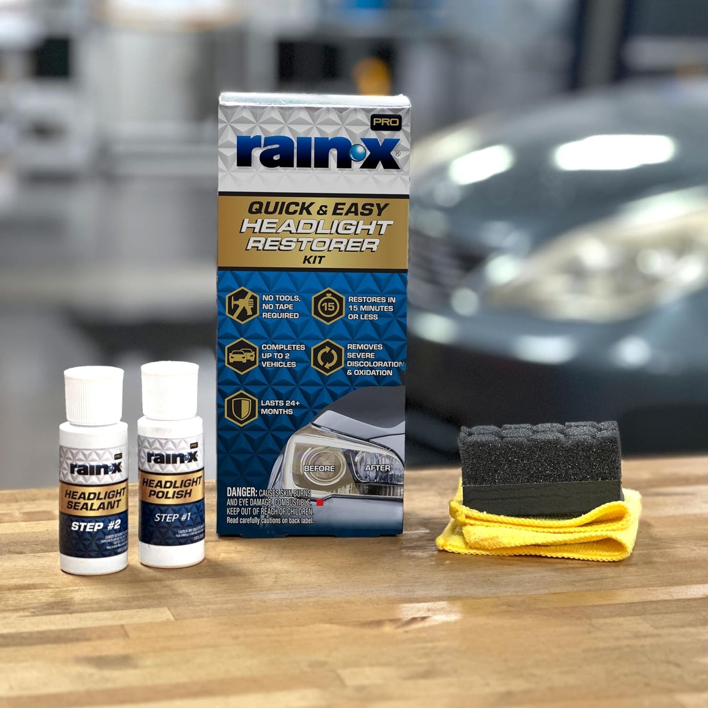 Rain-X 610153 Headlight Restoration Kit - Car Light Lens Cleaner/Restorer with Sanding & Polishing Drill Attachments & Sealant Wipe, Removes Scratches & Oxidation- All in 1 Long Lasting Formula
