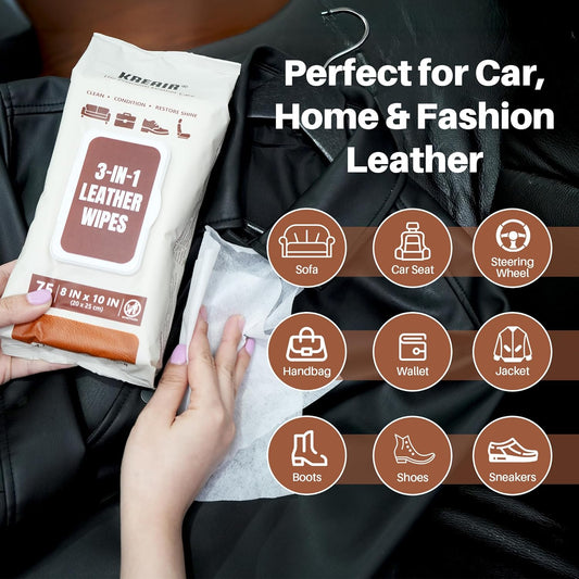 3in1 Leather Wipes 75 XL Count, Clean, Condition & Restore Shine, Extra-Large 8"x10" Wipes for Car Seats, Shoes, Furniture & Bags, Thick, Durable & Non-Linting, Safe for All Leather Types