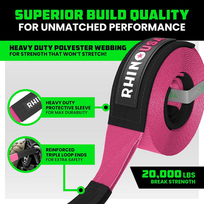 Rhino USA Recovery Tow Strap (3" x 20') - 31,518lb Break Strength - Emergency Recovery Strap Tow Rope for Truck, UTV, ATV & More - Heavy Duty Towing Strap for Offroad 4x4 Use - Compatible with Jeep