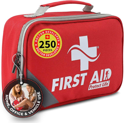 Protect Life Doctor Developed Mini First Aid Kit, 100 Piece Waterproof Emergency Kit for Car, Boat, Camping & Travel, Includes Emergency Blanket, Tourniquet & First Aid Guide