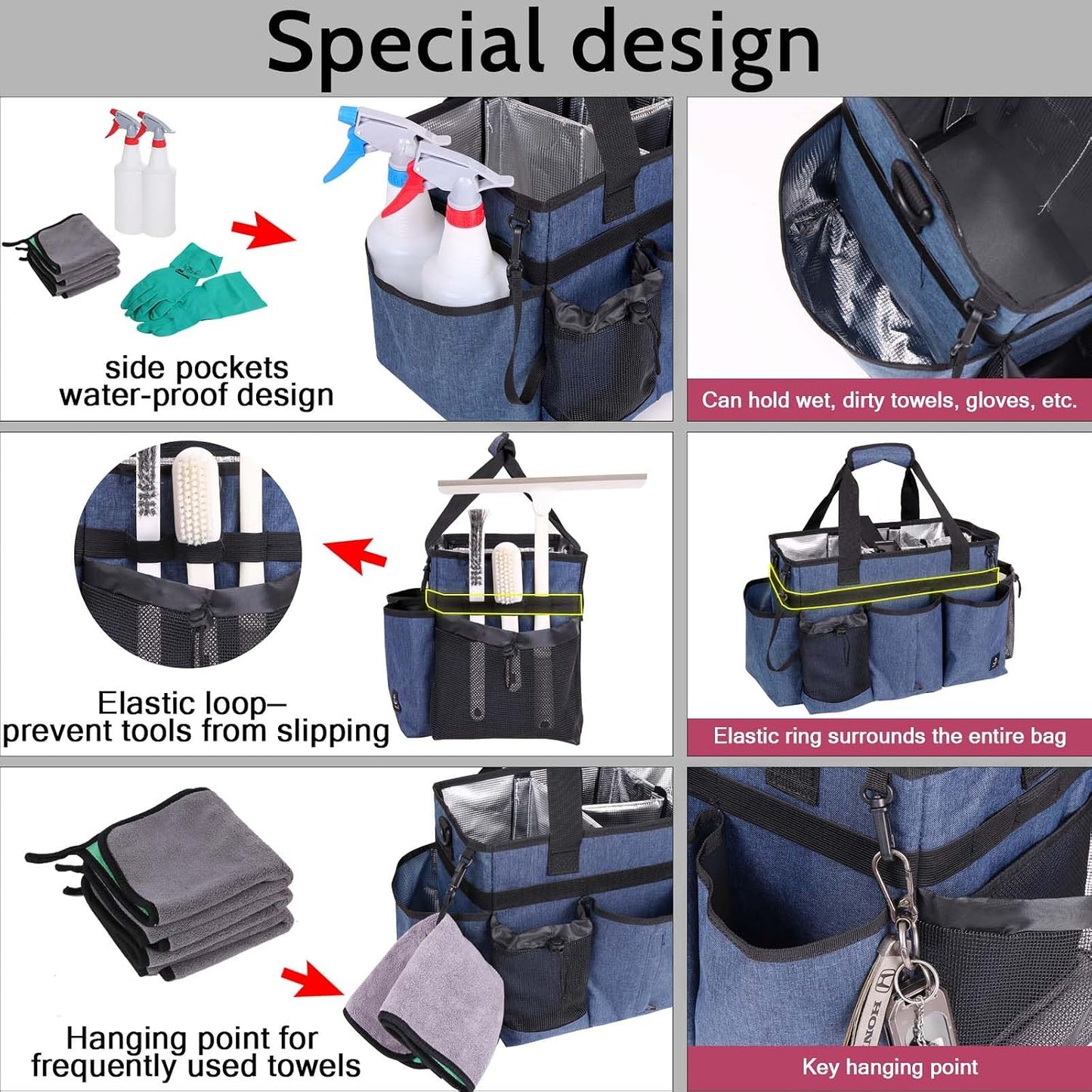 Large Cleaning Caddy Bag Built-in Sturdy Support Board, Cleaning Organizer with Detachable Divider, Cleaning Supply Tote with Adjustable Shoulder Strap&Waist Belt for Cleaners & Housekeeper