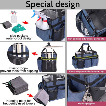 Large Cleaning Caddy Bag Built-in Sturdy Support Board, Cleaning Organizer with Detachable Divider, Cleaning Supply Tote with Adjustable Shoulder Strap&Waist Belt for Cleaners & Housekeeper
