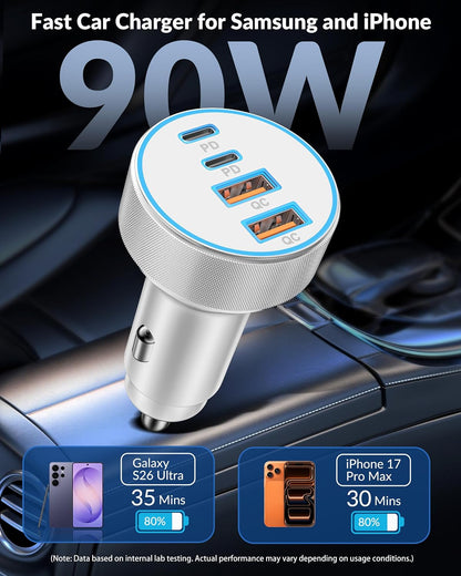 iPhone 17 16 15 Car Charger Fast Charging, 90W 4-Port USB C Fast Car Charger Cigarette Lighter Adapter with 240W 3FT USB-C Cable for iPhone 17/Air/17 Pro/17e/16/15 Pro Max/Plus/16e, iPad, Android